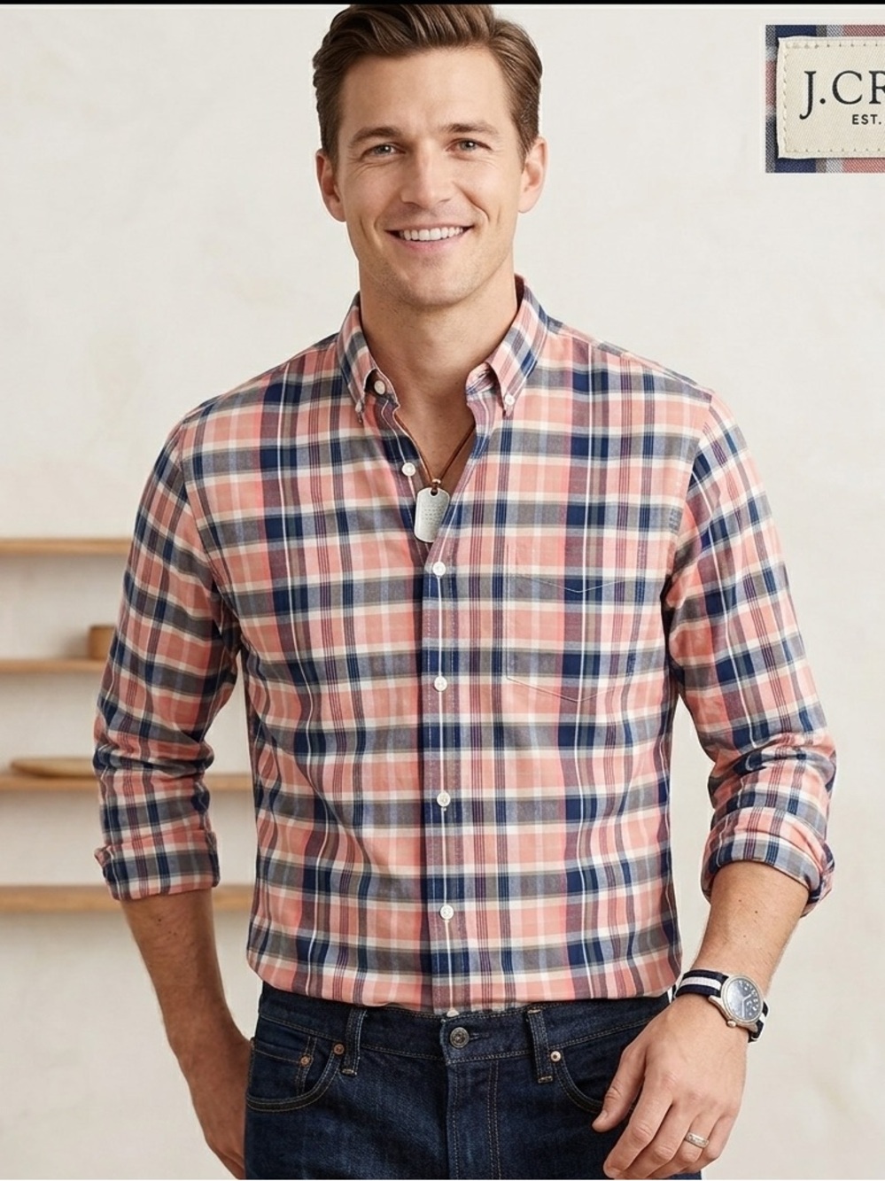 J Crew Button Down Shirt Mens Large “Summer Plaid” Pink &Gray Long Sleeve Preppy